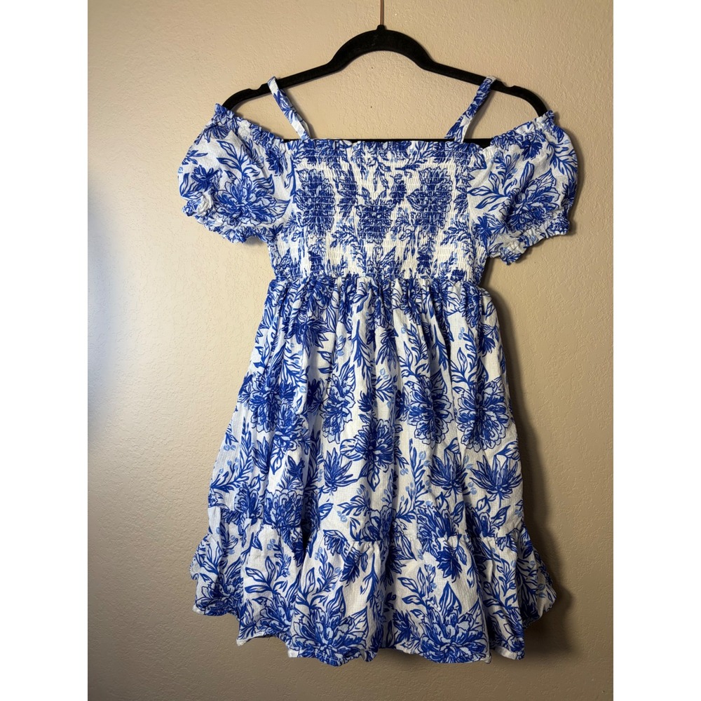 Joie‎ Girls Blue White Floral Smocked Off Shoulder Tiered Dress Size 12